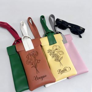 Custom Engraved Color-Block Classic PU Leather Glasses Strap Personalized Birth Flowers Soft Eyeglasses Pouch Bridesmaid Makeup - Product Image 2