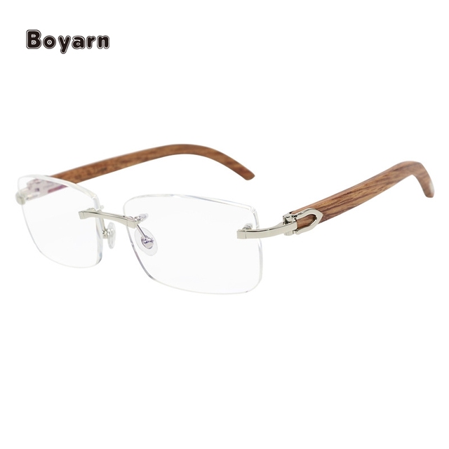 Boyarn Factory Men's Business Wooden Eyeglasses Frames Optical Titanium with Temple Legs Frameless Rimless Design