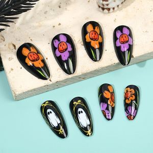 Ongles à porter en forme d'amande, motif citrouille, fleur, fantôme, goutte d'eau, pour <span class=keywords><strong>Halloween</strong></span>, YA-77 - Product Image 4