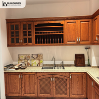 Buildgres Armoire de cuisine pratique en forme de L avec évier/plaque de cuisson au gaz/étagères de rangement et niche d'exposition et comptoir en granit