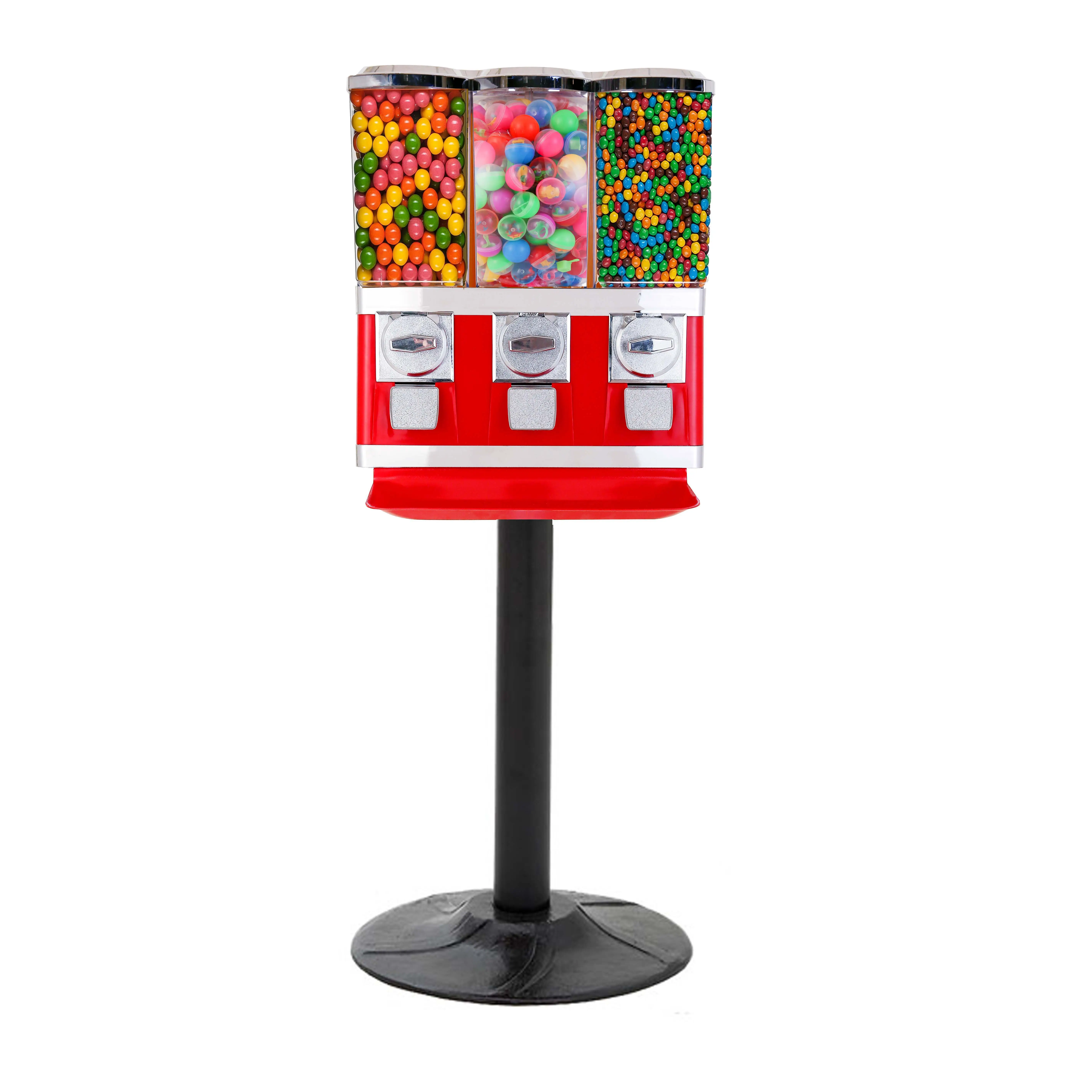 Coin Vận Hành Triple Candy Gumball Máy Bán Hàng Tự Động Với Black Stand