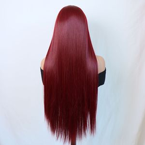 Peluca de encaje frontal de fibra sintética resistente al calor <span class=keywords><strong>1557</strong></span> roja con cabello largo y liso y línea de cabello natural - Product Image 3