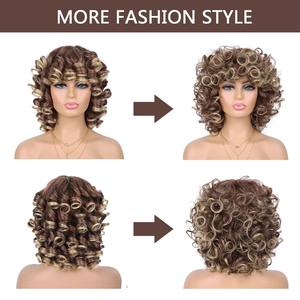 <span class=keywords><strong>Parrucca</strong></span> corta <span class=keywords><strong>Afro</strong></span> crespa riccia con frangetta per donne nere Cosplay soffice senza colla misto marrone biondo capelli sintetici naturali - Product Image 3