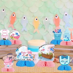 8 pièces Centres de table nid d'abeille Révélation du Sexe Poisson <span class=keywords><strong>Il</strong></span> ou Elle, Décorations de table Révélation du Sexe, Toppers de table Baby Shower - Product Image 4