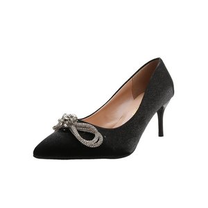 French High Heels Women Slim With of the New Girl <b>Suede</b> Rhinaute Bow Pointy <b>Black</b> Single Shoes - Product Image 3