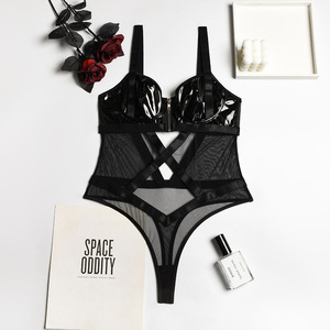 Wholesale Leather Mesh <b>Perspective</b> One-Piece Bodysuit Hot Erotic Transparent Underwear Set - Product Image 6