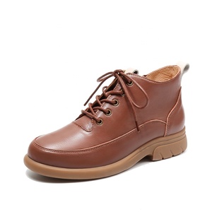 Botas de Tobillo Altas de Cuero Suave Marrón para Mujer, con Cierre de Cremallera y Cordones, Suela Suave y Cómoda para Otoño e Invierno, para Mamás - Product Image 1