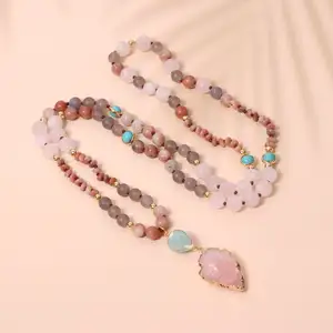 Hand Knotted 108 Beads Mala Prayer Pendant Necklace Healing Crystal Natural Rose Quartz Arrowhead Pendant Necklace For Women