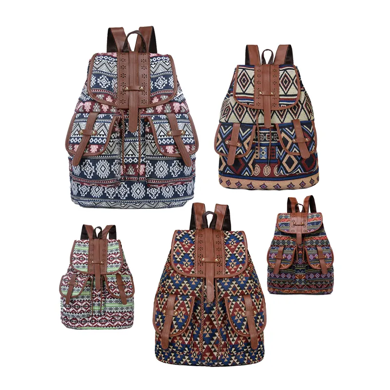 Cheap Vintage Custom Print Design Ethnic Style Bohemia Retro Tribal Geometric Backpack Bag Satchel School Bag for Ladies Women