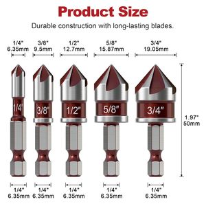 Jeu d'outils de chanfreinage de précision 5 pièces 1/4 1/2 3/4 5/8 3/8 pouces en acier à haute teneur en carbone avec tige hexagonale pour le débavurage et l'ouverture de trous sur le métal et le plastique - Product Image 3