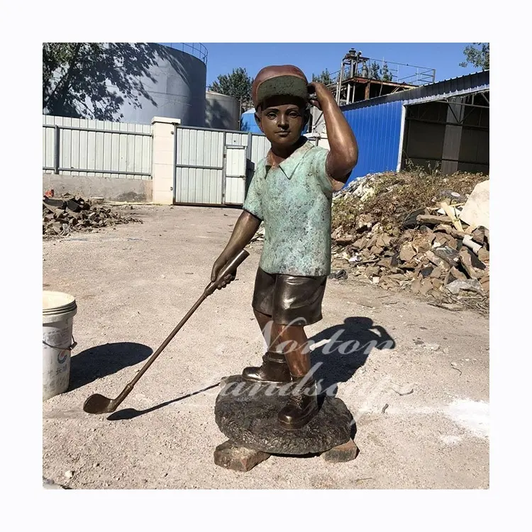 Tamanho do metal artesanato decoração de casa vida pouco menino jogando golfe escultura em bronze