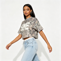 Kaos Crop Top Camo Custom Print Kerah Bulat Lengan Pendek Model Drop Shoulder Vintage Motif Pohon Kamuflase Longgar