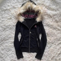 Gothic Kapuzenjacke für Damen mit 3D-Buchstaben, Totenkopf-Stickerei, Reißverschluss, Pelzbesatz, Japanischer Y2K-Stil, Frühling, Baumwollmischung