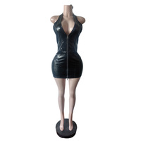 Sexy Bodycon Lederkleid Damen Sommer Tiefer V-Ausschnitt Neckholder Outfit Rückenfreies Wet-Look Kunstleder Minikleid S-2XL