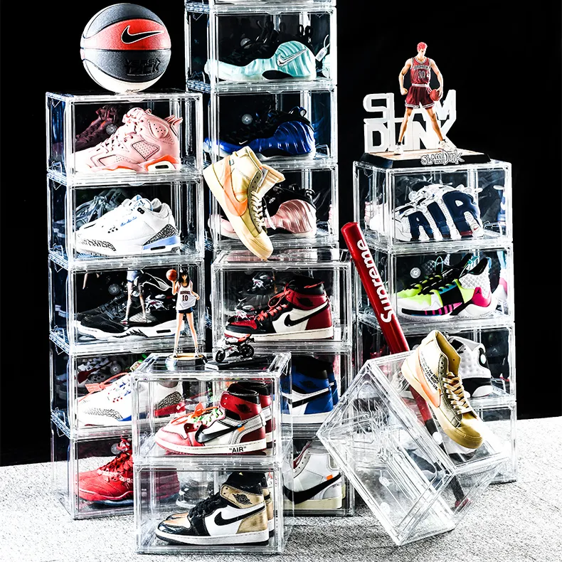 Caja de zapatos plegable de plástico, caja de zapatos transparente barata, apilable, lateral y frontal para zapatillas