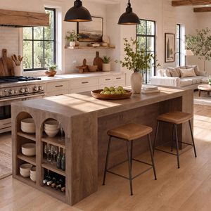 Îlot de cuisine SENYU style farmhouse avec étagères cintrées en chêne massif, station de travail multifonctionnelle avec rangement - Product Image 6