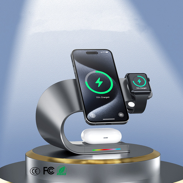 15W Fast 4 in 1 Metal Magnetic Desktop Wireless Charger Multifunction Station with Strong Magnet for AirPods