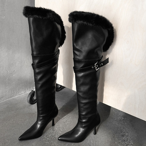 Women Belt Buckles Baggy Shoes High Heels Pointed Toe Stiletto Top Wide Cut Knee High Boots Pleated Fur Upper <b>Long</b> Booties - Product Image 5