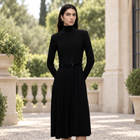 Robe midi décontractée pour femme, col montant, manches longues, noire unie avec ceinture, vente en gros personnalisée