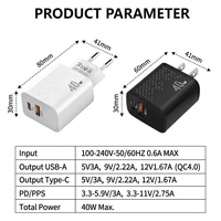 Chargeur rapide pour téléphone 40W PD QC4.0 à double port, adaptateur secteur portable de voyage, prise EU US, contrôle intelligent de la chaleur, charge de deux appareils simultanément