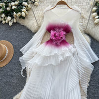 Robe longue décontractée plissée en mousseline de soie pour femme WIWT, élégante, avec décor floral 3D et volants, sans manches, pour le quotidien et les soirées