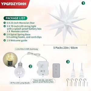 QF Paquete de 5 Luces Decorativas Navideñas de Estrella Morava de 23 Pulgadas para Exteriores, Funcionan con Pilas, Control Remoto, Colgantes - Product Image 2