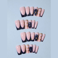 Uñas postizas francesas con punta, color nude burdeos, largas, estilo ataúd, a presión, rojo vino, ombré, línea dorada, cuentas doradas, leopardo, hechas a mano