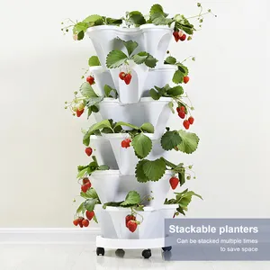 Strawberry Pot tanaman vertikal taman, Pot bunga dapat digerakkan dengan roda dapat ditumpuk Pot hidroponik