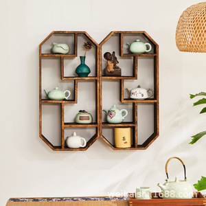 Estante de Exhibición de Madera Maciza para Montar en la Pared, Estilo Chino, Forma Irregular, con Múltiples Compartimentos, para Almacenamiento en Salas de Té - Product Image 2
