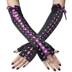 Purple <b>Ribbon</b> Fingerless Gloves With Lace-Up Design For Costume Or Bridal Wear - Product Image 1