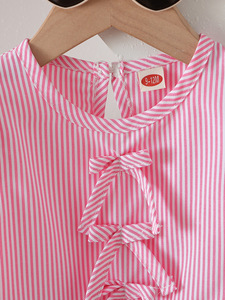 Girl and White Striped <b>Bubble</b> Sleeve <b>Top</b> Paired With 3D Floral Design Shorts Girl Clothes - Product Image 3