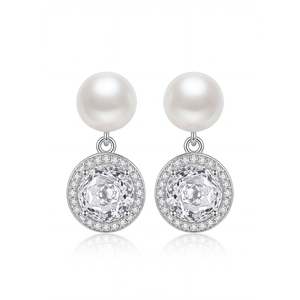 Boucles d'oreilles pendantes en cuivre plaqué argent avec perle blanche ronde et halo de zircon cubique pour femme, grandes boucles d'oreilles en zircon pavé, bijoux en perles, cadeau de mariage - Product Image 1