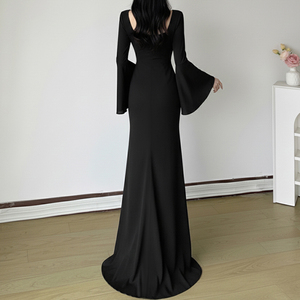 Robe longue élégante et sexy à col carré, manches longues cloche, couleur unie, coupe amincissante, style sombre - Product Image 4