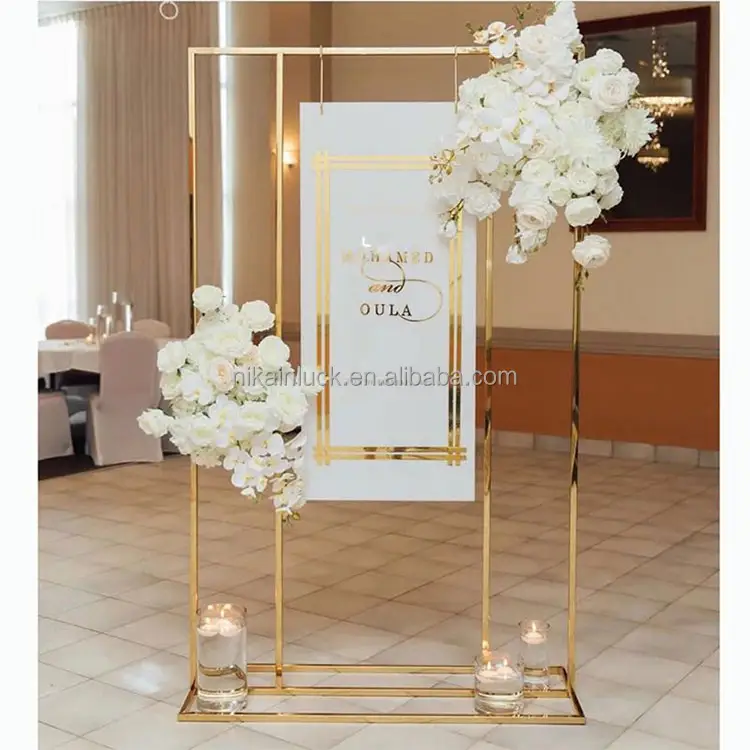 Suporte de metal quadrado dourado para casamento, quadro de sinalização de boas-vindas, arco e pano de fundo para arranjos de flores, balões