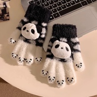 Gants en peluche panda roux mignons en tricot avec plumes de poulet, style coréen, cinq doigts, pour femmes, hiver, écran tactile, cyclisme