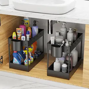 Badezimmer Küche Lagers chrank 2er Pack Kunststoff 2 Tier Under Sink Organizer mit Cup & Hooks Reinigung