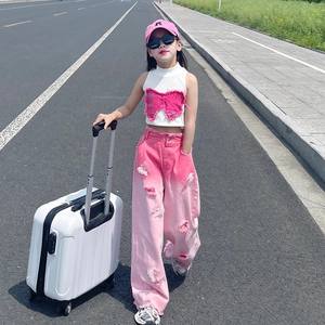 Kız Çocuk İki Parçalı Pamuklu Yırtık Degrade Kot Pantolon Yazlık Yeni Orta Boy Çocuk İnce Stil Modaya Uygun Bol Yüksek Bel Giyim Seti - Product Image 1