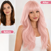 Perruque synthétique ondulée rose pastel longue, résistante à la chaleur, avec frange et bonnet ajustable, effet naturel, directement de l'usine