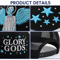 Gorra Trucker Personalizada con Bordado y Pedrería, Malla Negra, Diseño de Alas Brillantes y Visera de Estrella, Unisex, Estilo Urbano, Venta al por Mayor