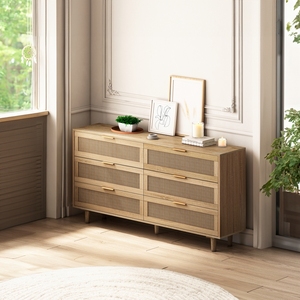 <b>6</b> <b>Drawer</b> Rattan Storage Cabinet Natural Wood 59.06 In For Bedroom Living Room - Product Image 2