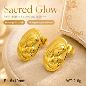 Boucles d'oreilles ovales de luxe en acier inoxydable plaqué or 18 carats avec la Vierge Marie en relief, boucles d'oreilles religieuses haut de gamme pour femmes, vente en gros - Product Image 4