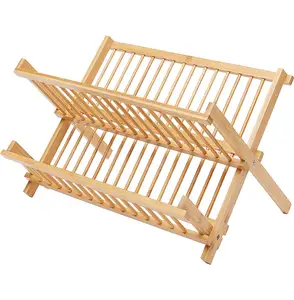 批发折叠2层竹碟晾衣架可折叠生态竹碟架可折叠排水器木板架