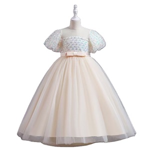 2024 abito da sera da ragazza estivo da 1 a 14 anni con scollo rotondo con maniche a bolle di paillettes rosa vestito da principessa adatto per bambini - Product Image 1