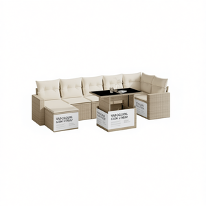 Set Divano da Giardino Beige in Rattan per Esterni con Cuscini, Design Contemporaneo per Patio e Giardino - Product Image 1