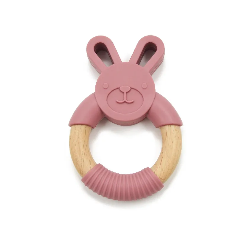 Kan Aangepaste Kleur Lage Moq Bpa Gratis Silicone Houten Bunny Bijtring Ring