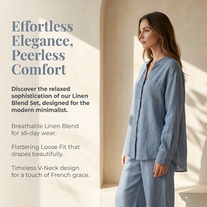 Set da donna di <span class=keywords><strong>lino</strong></span> estivo di fascia alta <span class=keywords><strong>pantaloni</strong></span> <span class=keywords><strong>larghi</strong></span> <span class=keywords><strong>larghi</strong></span> e Slim a gamba larga <span class=keywords><strong>in</strong></span> due pezzi Casual Set per la primavera/estate - Product Image 1
