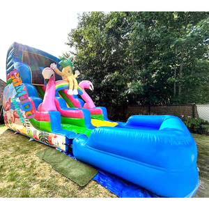 Structure gonflable commerciale d'extérieur à thème flamant rose et ananas, avec toboggan aquatique et piscine pour enfants et adultes - Product Image 2