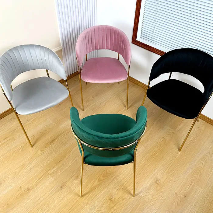 popular design bulk luxury pink green black colored velvet fabric dinning table cafe restaurant dining chair with gold legs