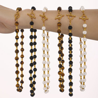 Collier ras du cou en acier inoxydable plaqué or 18 carats avec perles de coquillage œil de tigre naturel, agate et fermoir OT en bambou tendance