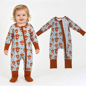 RTS Highland Cow Flowers Pelele con cremallera para bebé niña, Ropa de moda al por mayor para boutique, Ropa infantil de fábrica, Ropa occidental para niños pequeños - Product Image 1